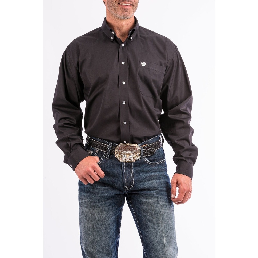 NWT CINCH Solid Black Long Sleeve Button Front Cotton Shirt MT10320083 Mens Sz L